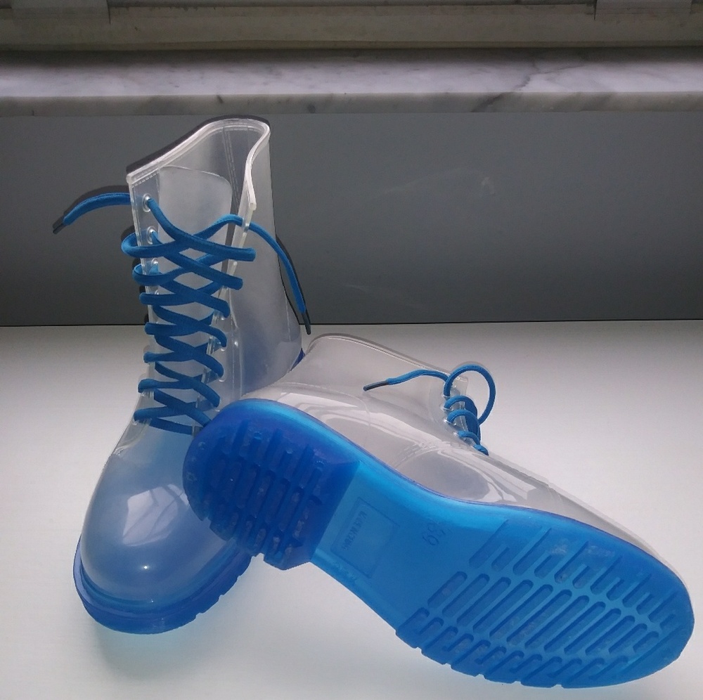 Clear jelly blue lace up combat rain boots size 9